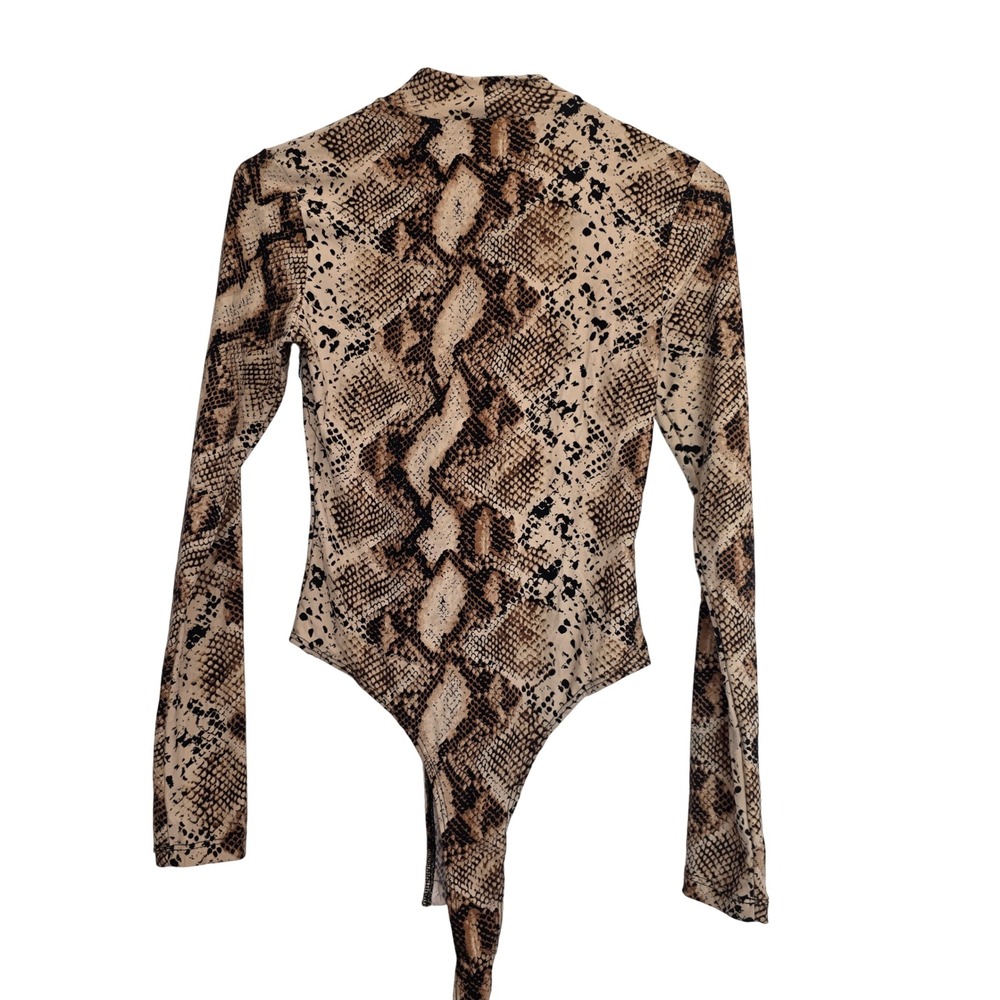 Polly & Esther Womens Snakeskin Print Mock Neck Long Sleeve Bodysuit TanBlack XS